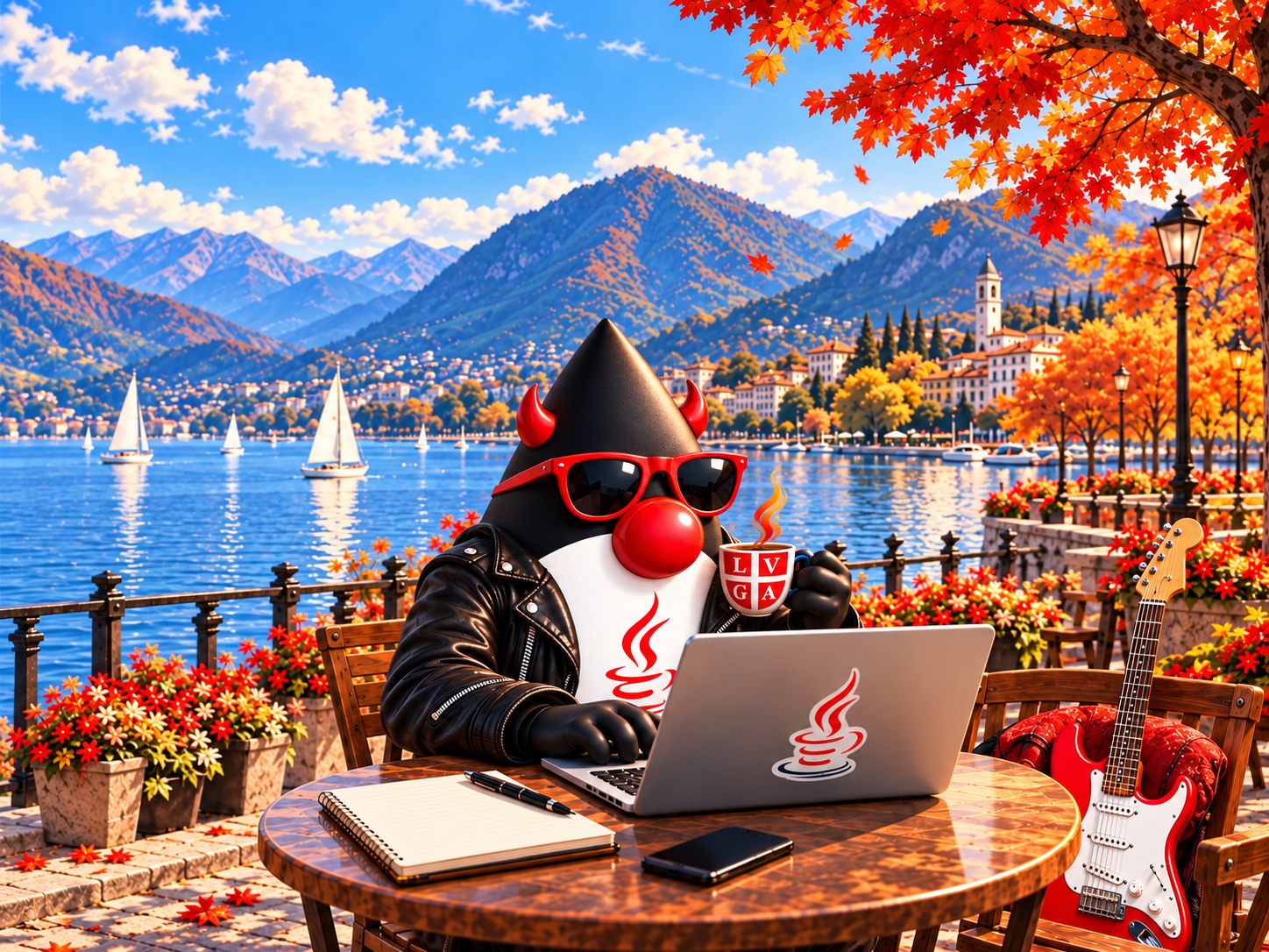 Duke Rockstar con la tazzina ufficiale JUG Lugano e la chitarra rossa, davanti al lago in autunno.
